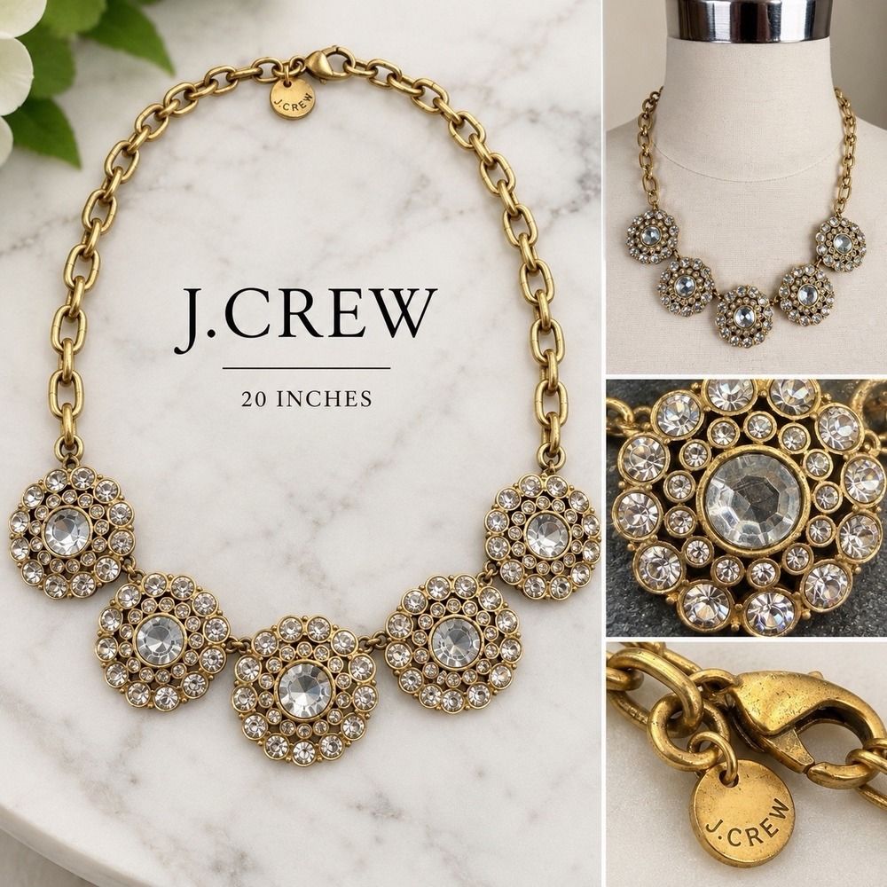 J.Crew Crystal Rhinestone Statement Necklace Gold Tone Floral Medallion 20"